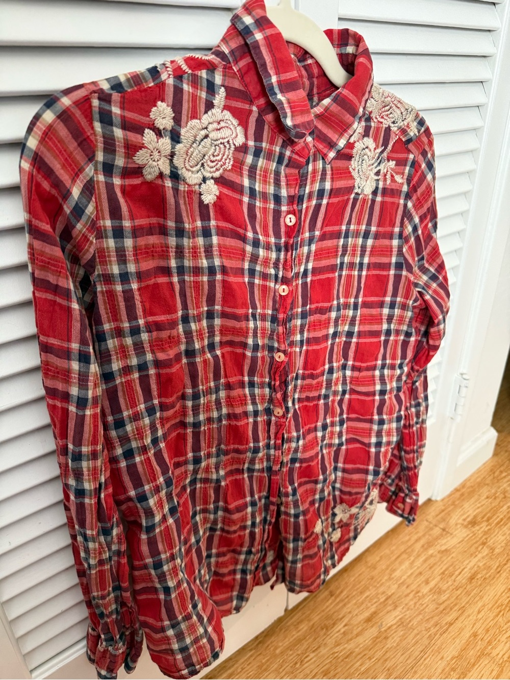 Johnny Was Woman’s Red Plaid Shirt with Cream Embroidered Accents